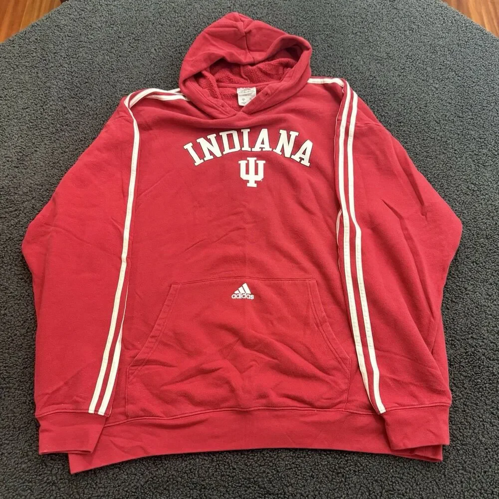 Vintage Indiana University Adidas Hoodie Mens XL Red White Stripes Center Logo